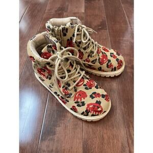 AKID Leather Embroidered Eye & Lips Boots Size US 12 Tan Red Mint Condition